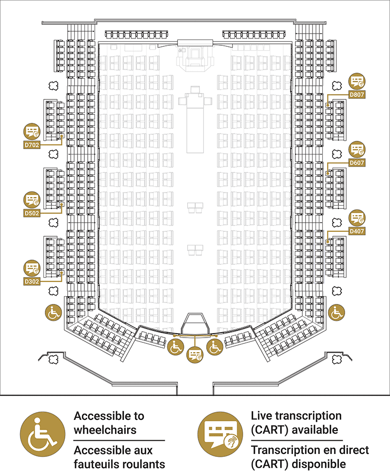 Top-down layout of the House of Commons Galleries. CART-designated seats are located near the galleries entrance and in the top rows on either side of the galleries.