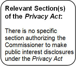 Text Box: Relevant Section(s) of the Privacy Act: 

There is no specific section authorizing the Commissioner to make public interest disclosures under the Privacy Act

