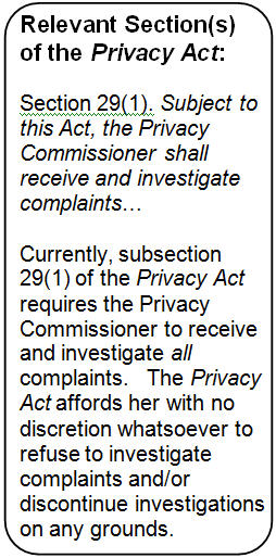 Text Box: Relevant Section(s) of the Privacy Act: 

Section 29(1). Subject to this Act, the Privacy Commissioner shall receive and investigate complaints…

Currently, subsection 29(1) of the Privacy Act requires the Privacy Commissioner to receive and investigate all complaints.   The Privacy Act affords her with no discretion whatsoever to refuse to investigate complaints and/or discontinue investigations on any grounds. 

