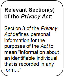 Text Box: Relevant Section(s) of the Privacy Act: 

Section 3 of the Privacy Act defines personal information for the purposes of the Act to mean “information about an identifiable individual that is recorded in any form…”
