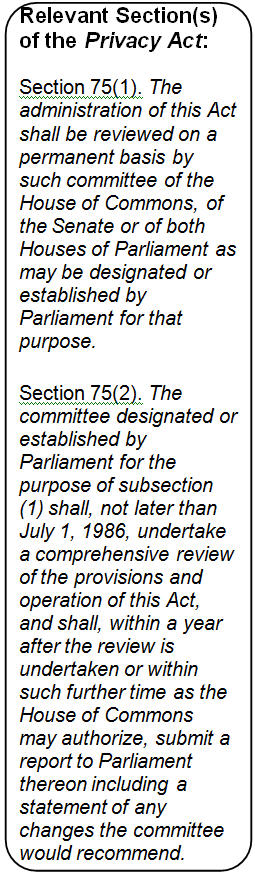 Text Box: Relevant Section(s) of the Privacy Act: 

Section 75(1). The administration of this Act shall be reviewed on a permanent basis by such committee of the House of Commons, of the Senate or of both Houses of Parliament as may be designated or established by Parliament for that purpose.

Section 75(2). The committee designated or established by Parliament for the purpose of subsection (1) shall, not later than July 1, 1986, undertake a comprehensive review of the provisions and operation of this Act, and shall, within a year after the review is undertaken or within such further time as the House of Commons may authorize, submit a report to Parliament thereon including a statement of any changes the committee would recommend.

