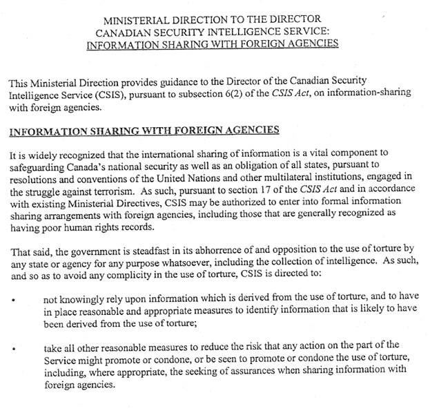 MINISTERIAL DIRECTION TO THE DIRECTOR CANADIAN SECURITY INTELLIGENCE SERVICE: INFORMATION SHARING WITH FOREIGN AGENCIES