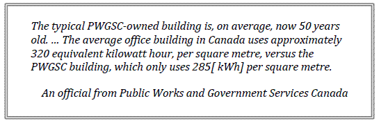 The typical PWGSC-owned building is, on average, now 50 years old. … The average office building in Canada uses approximately 320 equivalent kilowatt hour, per square metre, versus the PWGSC building, which only uses 285[ kWh] per square metre.
An official from Public Works and Government Services Canada

