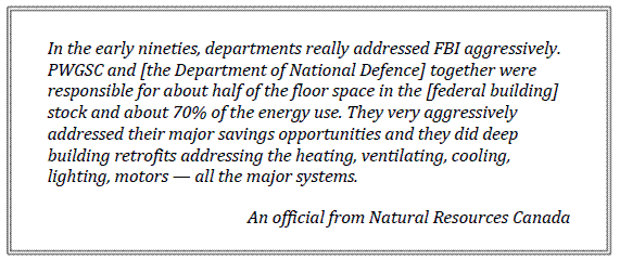 In the early nineties, departments really addressed FBI aggressively. PWGSC and [the Department of National Defence] together were responsible for about half of the floor space in the [federal building] stock and about 70% of the energy use. They very aggressively addressed their major savings opportunities and they did deep building retrofits addressing the heating, ventilating, cooling, lighting, motors — all the major systems.
An official from Natural Resources Canada

