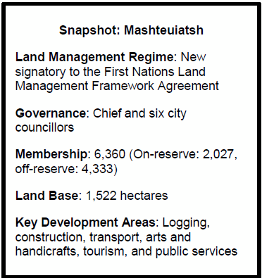 Snapshot: Mashteuiatsh
Land Management Regime: New signatory to the First Nations Land Management Framework Agreement
Governance: Chief and six city councillors 
Membership: 6,360 (On-reserve: 2,027, off-reserve: 4,333)
Land Base: 1,522 hectares
Key Development Areas: Logging, construction, transport, arts and handicrafts, tourism, and public services
