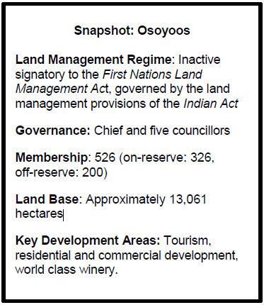 Snapshot: Osoyoos
Land Management Regime: Inactive signatory to the First Nations Land Management Act, governed by the land management provisions of the Indian Act
Governance: Chief and five councillors
Membership: 526 (on-reserve: 326, 
off-reserve: 200)
Land Base: Approximately 13,061 hectares 
Key Development Areas: Tourism, residential and commercial development, world class winery. 
