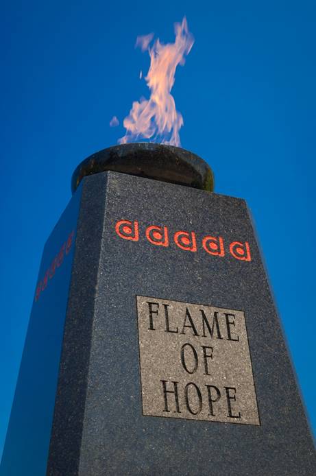 This photographs shows the Flame of Hope, which sits in Sir Frederick G. Banting Square.