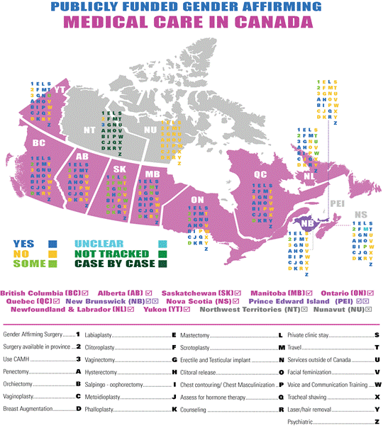 A map of Canada provides information on gender affirming medical care funded by the provinces and territories. The map also shows whether gender affirming surgeries are performed in the territory or province concerned. In Yukon, the following gender affirming medical care is covered by the public system: penectomy, orchiectomy, vaginoplasty, labiaplasty, clitoroplasty, vaginectomy, hysterectomy, salpingo-oophorectomy, metoidioplasty, phalloplasty, mastectomy, scrotoplasty, erectile and testicular implant, clitoral release, chest contouring/chest masculinization, assess for hormone therapy, private clinic stay, travel and psychiatric. The following gender affirming medical care is not covered by the public system in Yukon: breast augmentation, counselling, facial feminization, voice and communication training, tracheal shaving and laser/hair removal. Coverage for care outside Canada is unclear. Gender affirming surgeries are not available in Yukon. In British Columbia, the following gender affirming medical care is covered by the public system: penectomy, orchiectomy, vaginoplasty, labiaplasty, clitoroplasty, vaginectomy, hysterectomy, salpingo-oophorectomy, metoidioplasty, phalloplasty, mastectomy, scrotoplasty, erectile and testicular implant, clitoral release, chest contouring/chest masculinization, assess for hormone therapy, private clinic stay, services outside Canada and psychiatric. The following gender affirming medical care is not covered by the public system in British Columbia: counselling, travel, facial feminization, voice and communication training, tracheal shaving, laser/hair removal. Breast augmentation is sometimes covered in British Columbia. Some gender affirming surgeries are performed in British Columbia. In Alberta, the following gender affirming medical care is covered by the public system: penectomy, orchidectomy, vaginoplasty, labiaplasty, clitoroplasty, vaginectomy, hysterectomy, salpingo-oophorectomy, metoidioplasty, phalloplasty, mastectomy, scrotoplasty, erectile and testicular implant, clitoral release, assess for hormone therapy, private clinic stay, travel and psychiatric. The following gender affirming medical care is not covered by the public system in Alberta: breast augmentation, chest contouring/chest masculinization, counselling, services outside Canada, facial feminization, voice and communication training, tracheal shaving, laser/hair removal. Some gender affirming surgeries are performed in Alberta. In Saskatchewan, the following gender affirming medical care is covered by the public system: orchidectomy, vaginectomy, hysterectomy, salpingo-oophorectomy, mastectomy, assess for hormone therapy, counselling and psychiatric. The following gender affirming medical care is not covered by the public system in Saskatchewan: chest contouring/chest masculinization, travel, facial feminization, tracheal shaving, and laser/hair removal. In some cases, the following gender affirming medical care is covered by the public system in Saskatchewan: penectomy, vaginoplasty, breast augmentation, labiaplasty, clitoroplasty, metoidioplasty, phalloplasty, scrotoplasty, erectile and testicular implant, clitoral release, private clinic stay, services outside Canada and voice and communication training. Some gender affirming surgeries are performed in Saskatchewan. In Manitoba, the following gender affirming medical care is covered by the public system: penectomy, orchidectomy, vaginoplasty, labiaplasty, clitoroplasty, vaginectomy, hysterectomy, salpingo-oophorectomy, metoidioplasty, phalloplasty, mastectomy, clitoral release, chest contouring/chest masculinization, assess for hormone therapy, private clinic stay, travel, services outside Canada and psychiatric. The following gender affirming medical care is not covered by the public system in Manitoba: counselling, facial feminization, voice and communication training and tracheal shaving. In some cases, the following gender affirming medical care is covered by the public system in Manitoba: breast augmentation, scrotoplasty, erectile and testicular implant and laser/hair removal. Some gender affirming surgeries are performed in Manitoba. In Ontario, the following gender affirming medical care is covered by the public system: penectomy, orchidectomy, vaginoplasty, labiaplasty, clitoroplasty, vaginectomy, hysterectomy, salpingo-oophorectomy, metoidioplasty, phalloplasty, mastectomy, scrotoplasty, erectile and testicular implant, clitoral release, assess for hormone therapy, counselling, private clinic stay, services outside Canada and psychiatric. Breast augmentation is covered in some cases. The following gender affirming medical care is not covered by the public system in Ontario: chest contouring/chest masculinization, travel, facial feminization, voice and communication training, tracheal shaving and laser/hair removal. Some gender affirming surgeries are performed in Ontario. In Quebec, the following gender affirming medical care is covered by the public system: penectomy, orchidectomy, vaginoplasty, labiaplasty, clitoroplasty, vaginectomy, hysterectomy, salpingo-oophorectomy, metoidioplasty, phalloplasty, mastectomy, scrotoplasty, erectile and testicular implant, clitoral release, assess for hormone therapy, counselling, private clinic stay, laser/hair removal and psychiatric. Breast augmentation is covered in some cases. Quebec is the only province where all gender affirming surgeries are performed. The following gender affirming medical care is not covered by the public system in Quebec: chest contouring/chest masculinization, travel, services outside Canada, facial feminization, voice and communication training and tracheal shaving. In New Brunswick, the following gender affirming medical care is covered by the public system: penectomy, orchidectomy, vaginoplasty, labiaplasty, clitoroplasty, vaginectomy, hysterectomy, salpingo-oophorectomy, metoidioplasty, phalloplasty, mastectomy, scrotoplasty, erectile and testicular implant, clitoral release, chest contouring/chest masculinization, assess for hormone therapy and psychiatric. The following gender affirming medical care is not covered by the public system in New Brunswick: breast augmentation, counselling, private clinic stay, travel, services outside Canada, facial feminization, voice and communication training, tracheal shaving and laser/hair removal. Some gender affirming surgeries are performed in New Brunswick. In Nova Scotia, the following gender affirming medical care is covered by the public system: penectomy, orchidectomy, vaginoplasty, labiaplasty, clitoroplasty, vaginectomy, hysterectomy, salpingo-oophorectomy, metoidioplasty, phalloplasty, mastectomy, erectile and testicular implant, clitoral release, assess for hormone therapy, private clinic stay, travel and psychiatric. The following gender affirming medical care is not covered by the public system in Nova Scotia: breast augmentation, counselling, services outside Canada, facial feminization, voice and communication training, tracheal shaving and laser/hair removal. In some cases, chest contouring/chest masculinization is covered by the public system in Nova Scotia. Scrotoplasty coverage is unclear. Some gender affirming surgeries are performed in Nova Scotia. In Prince Edward Island, the following gender affirming medical care is covered by the public system: penectomy, orchidectomy, hysterectomy, salpingo-oophorectomy, mastectomy, assess for hormone therapy, counselling and psychiatric. The following gender affirming medical care is not covered by the public system in Prince Edward Island: vaginoplasty, breast augmentation, labiaplasty, clitoroplasty, vaginectomy, metoidioplasty, phalloplasty, scrotoplasty, erectile and testicular implant, clitoral release, chest contouring/chest masculinization, private clinic stay, travel, services outside Canada, facial feminization, voice and communication training, tracheal shaving and laser/hair removal. Some gender affirming surgeries are performed in Prince Edward Island. In Newfoundland and Labrador, the following gender affirming medical care is covered by the public system: penectomy, orchidectomy, vaginoplasty, labiaplasty, clitoroplasty, vaginectomy, hysterectomy, salpingo-oophorectomy, mastectomy, scrotoplasty, assess for hormone therapy, counselling and psychiatry. The following gender affirming medical care is not covered by the public system in Newfoundland and Labrador: breast augmentation, metoidioplasty, phalloplasty, erectile and testicular implant, clitoral release, chest contouring/chest masculinization, private clinic stay, facial feminization, tracheal shaving and laser/hair removal. In some cases, the following gender affirming surgeries are covered by the public system in Newfoundland and Labrador: travel, services outside Canada and voice and communication training. Some gender affirming surgeries are performed in Newfoundland and Labrador. In Nunavut, gender affirming medical care is not covered by the public system, and gender affirming surgery is not available. In the Northwest Territories, gender affirming medical care is covered on a case-by-case basis, and gender affirming surgery is not available. 
