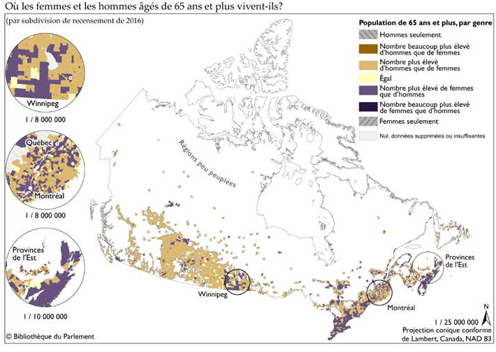 Cette carte montre le pourcentage de la population totale qui est âgée de 65 ans et plus par subdivision de recensement de 2016 de Statistique Canada. Les pourcentages les plus élevés ont tendance à se trouver dans les régions rurales et non les municipalités, notamment le centre de la Colombie-Britannique, entre Regina et Winnipeg, dans le centre de l’Ontario, au nord du corridor entre Montréal et Québec et dans la majorité des provinces maritimes.