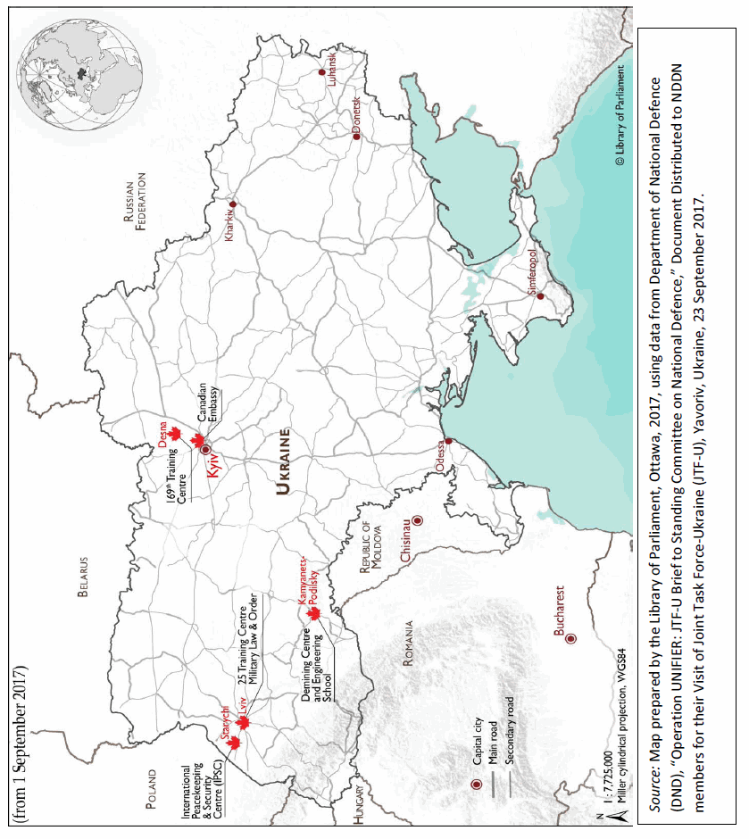 Source: Map prepared by the Library of Parliament, Ottawa, 2017, using data from Department of National Defence (DND), “Operation UNIFIER: JTF-U Brief to Standing Committee on National Defence,” Document Distributed to NDDN members for their Visit of Joint Task Force-Ukraine (JTF-U), Yavoriv, Ukraine, 23 September 2017.