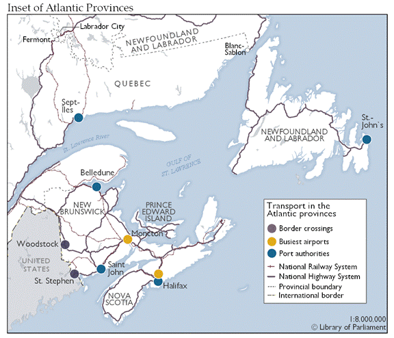 This map highlights major components in the Atlantic provinces` transportation network handling the most trade. The busiest airports handling cargo are in Moncton and Halifax, while the main border crossings are at Woodstock and St. Stephen along the New Brunswick border with the United States.  The busiest port authorities supporting shipping are in Belledune and Saint John New Brunswick, Halifax, Nova Scotia and in St.-John`s, Newfoundland and Labrador.