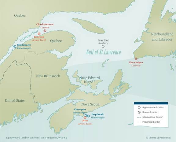 This map illustrates the locations of eight (8) WWII sunken Canadian warships:  the ‘Chedabucto’ minesweeper, the ‘Raccoon’ armed yacht and the ‘Charlottetown’ corvette in the St Lawrence river; the ‘Bras d’or’ auxiliary in the gulf of St. Lawrence (approximate location); the ’Clayoquot’ and ‘Esquimalt’ minesweepers, and the ‘Otter’ armed yacht near Halifax, Nova Scotia as well as the ‘Shawinigan’ corvette near Chanel Port au Basque Newfoundland.