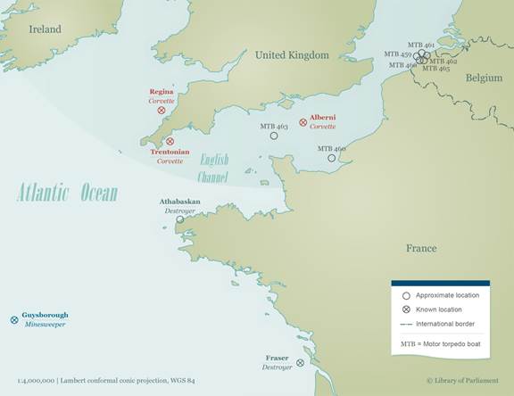 This map illustrates the locations of thirteen (13) WWII sunken Canadian warships:  The ‘Guysborough’ minesweeper west of France; the ‘Regina’ corvette north of Cornwall, UK; the ‘Trentonian’ and ‘Alberni’ corvettes and two motor torpedo boats (approximate locations) in the English Channel between Le Havre, France and the south of Cornwall, United Kingdom; five (5) motor torpedo boats (approximate locations) sunk in the harbour of Ostend, Belgium; the ‘Athabaskan’ destroyer at the north west tip of France as well as the ‘Fraser’ destroyer in the Atlantic, west of France.