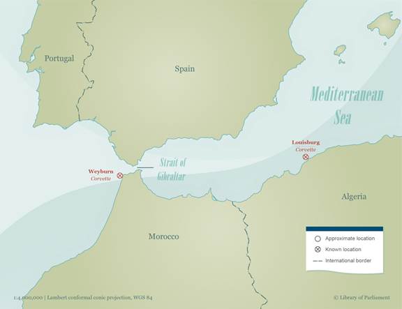 This map illustrates the location of two (2) WWII sunken Canadian corvette warships:  the ‘Weyburn’ immediately west of the entrance to the strait of Gibraltar and the ‘Louisburg’ on the north coast of Algeria.