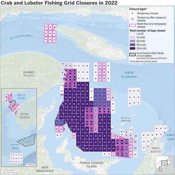 This map illustrates the number of days a fishing grid was either temporarily or seasonally closed in the Gulf of St. Lawrence and the Bay of Fundy during the 2022 season. The grids that were seasonally closed are north of Prince Edward Island, east of Gaspésie, south and west of Îles-de-la-Madeleine, while most temporary closures were on the periphery of those grids. Also visible are the North Atlantic Right Whale critical habitats pursuant to the Species at Risk Act, south of Nova Scotia and in the Bay of Fundy. 