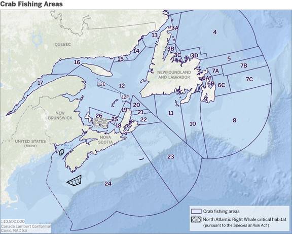 This map illustrates the numbered crab fishing areas, with areas 12E and 12F added. Also visible are the North Atlantic Right Whale critical habitats pursuant to the Species at Risk Act, south of Nova Scotia and in the Bay of Fundy.