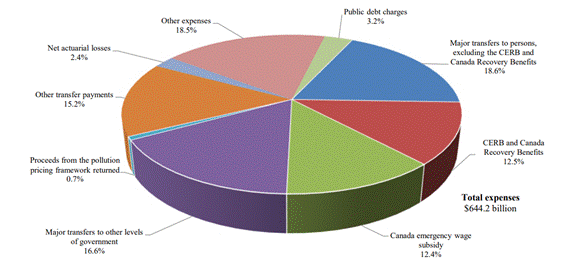 The figure depicts a pie chart displaying how the $644.2 billion in expenditures is divided. Major transfers to persons, excluding the CERB and Canada Recovery Benefits is 18.6%; CERB and Canada Recovery Benefits is 12.5%; Canada emergency wage subsidy is 12.4%; Major transfers to other levels of government is 16.6%; Proceeds from the pollution pricing framework returned is 0.7%; Other transfer payments is 15.2%; Net actuarial losses is 2.4%; Other expenses is 18.5%; and Public debt charges is 3.2%.