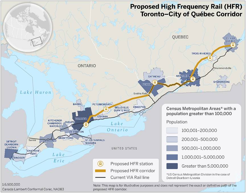 This map illustrates the proposed High Frequency Rail corridor between Toronto and the city of Québec, with stations in Toronto, Peterborough, Ottawa, Montréal, Trois-Rivières and the city of Québec. The map also shows the current VIA Rail lines in the Windsor–city of Québec corridor, Census Metropolitan Areas with a population greater than 100,000 and the Detroit-Dearborn-Livonia Metropolitan Division in the United States. The Metropolitan Areas and Division are illustrated based on their population, with Toronto having the highest and Chatham-Kent having the least.